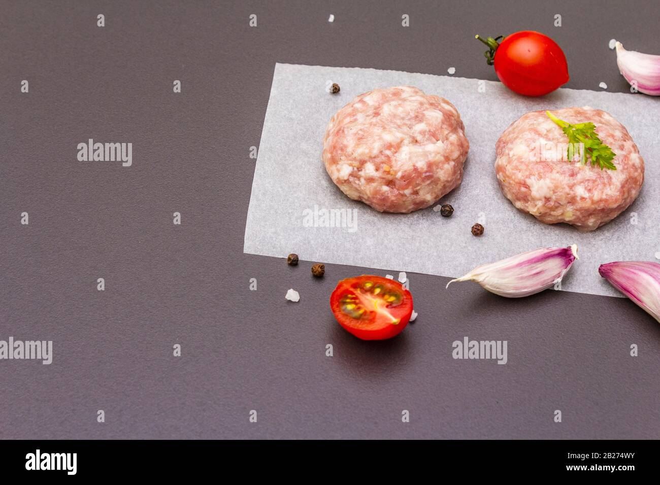 Raw fresh pork cutlets with spices and vegetables Healthy eating