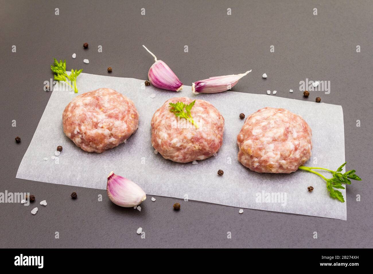 Raw fresh pork cutlets with spices and vegetables Healthy eating