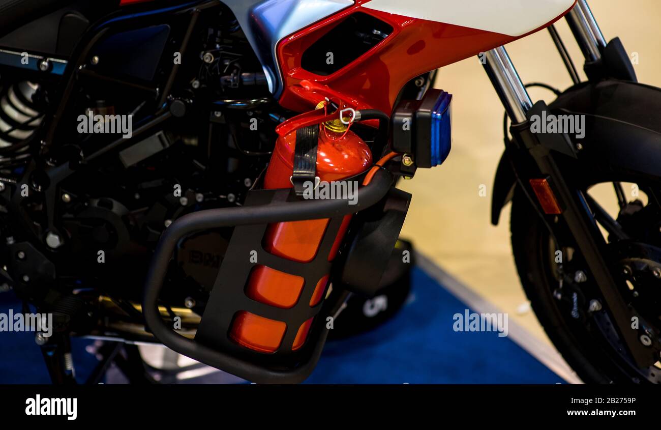 Fire extinguisher on a special motorcycle to extinguish the fire. Close