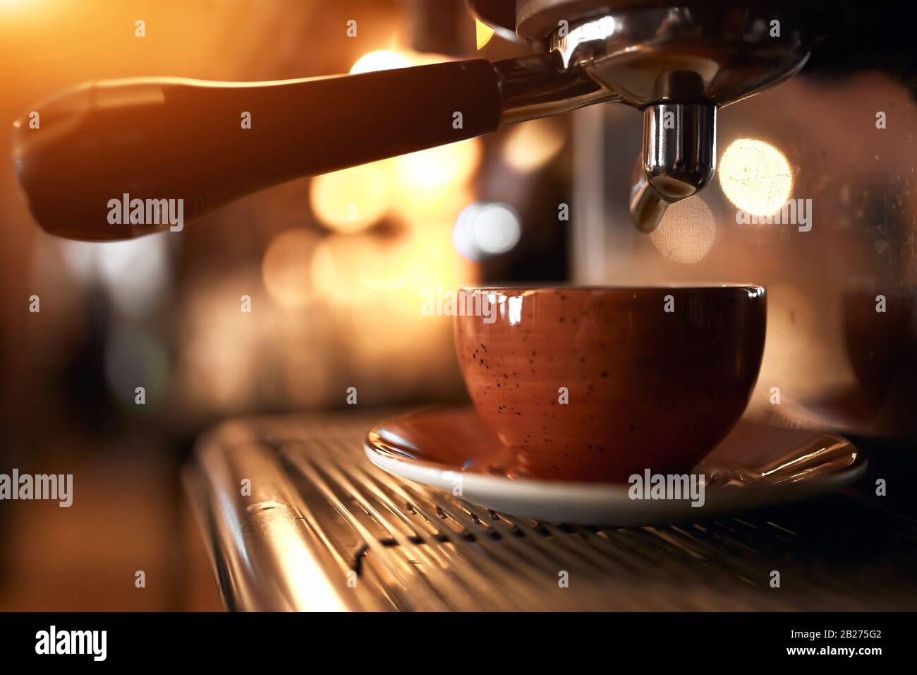 Espresso Machine Pouring Coffee Cups Blurred Background Closeup