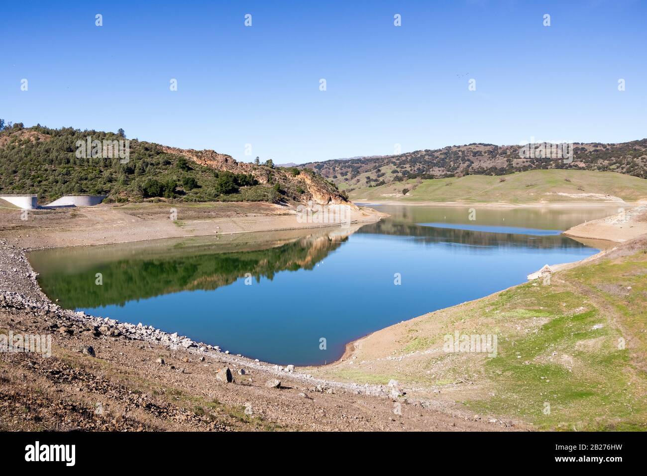 High angle view of Anderson Reservoir, a man made lake in Hill