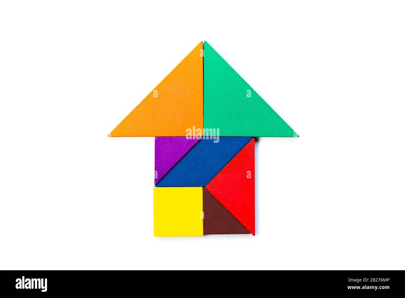 Color Wood Tangram Puzzle In Arrow Or Home Shape On White Background 