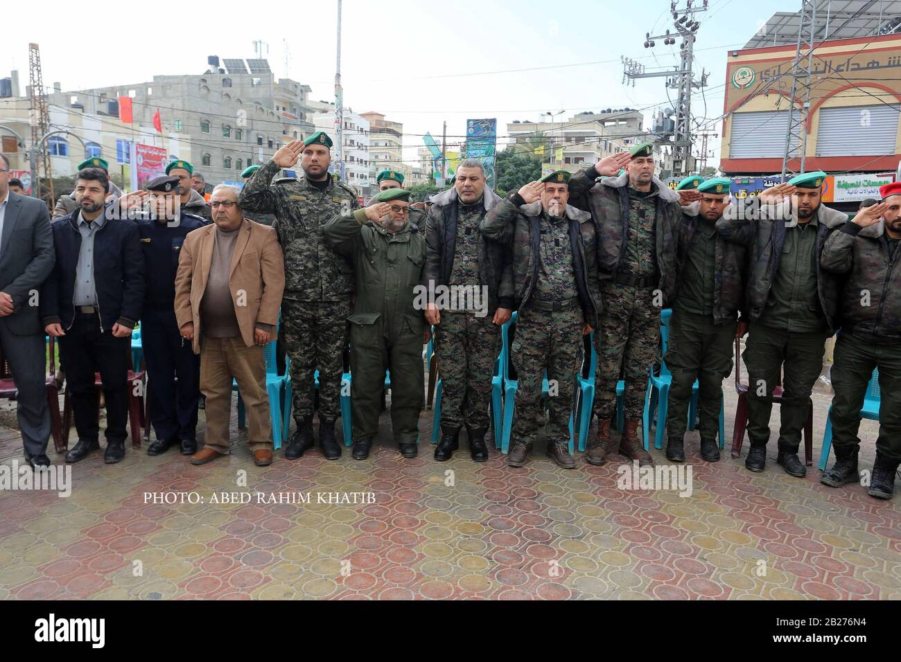Palestinian security members take part in the International Civil Defense Day, in Gaza Strip, on March 1, 2020. Photo by Abed Rahim Khatib/Alamy Stock Photo