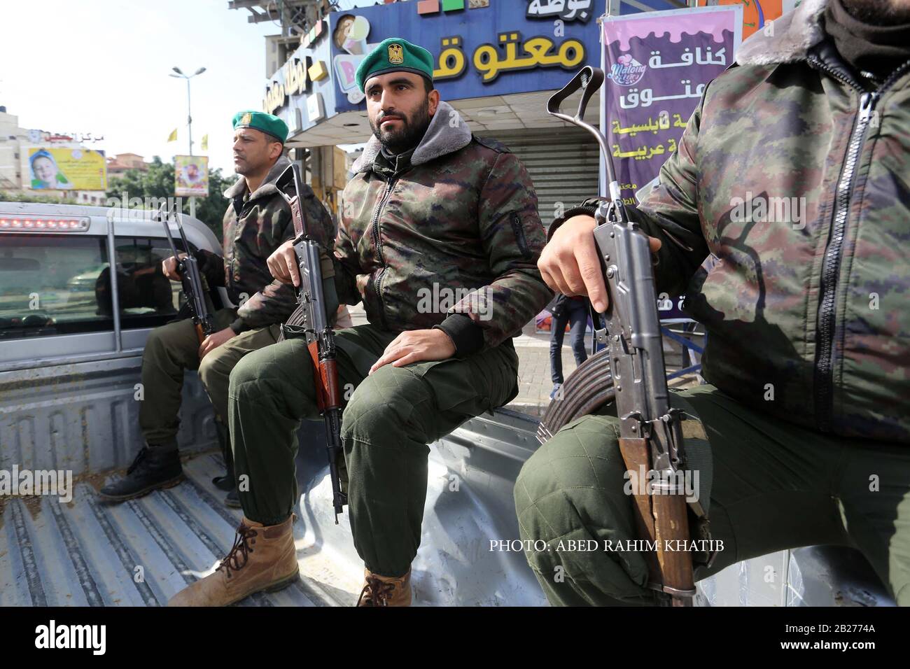 Palestinian security members take part in the International Civil Defense Day, in Gaza Strip, on March 1, 2020. Photo by Abed Rahim Khatib/Alamy Stock Photo