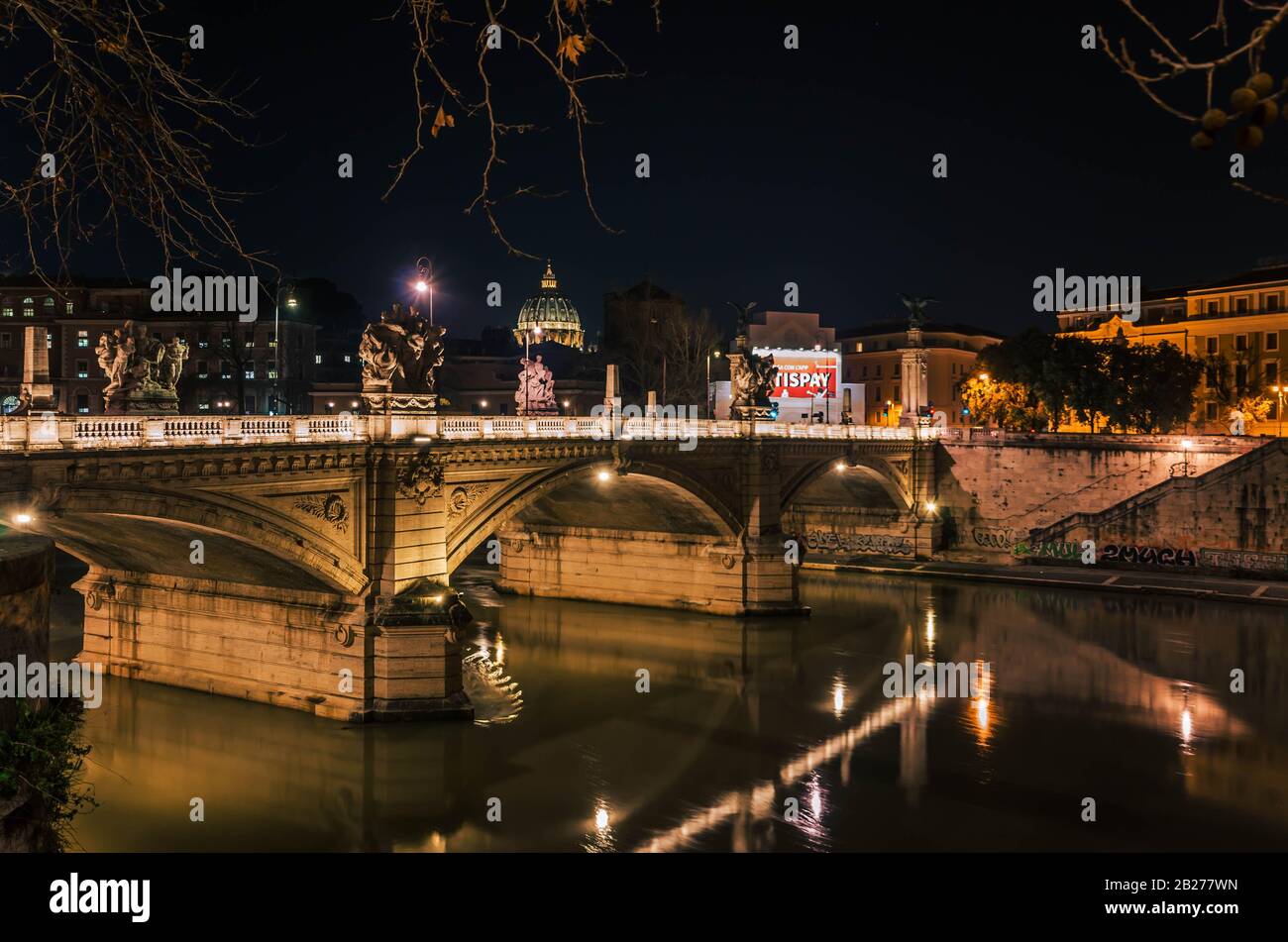 Rome Italy Night view of the city of Rome and its illuminated bridges