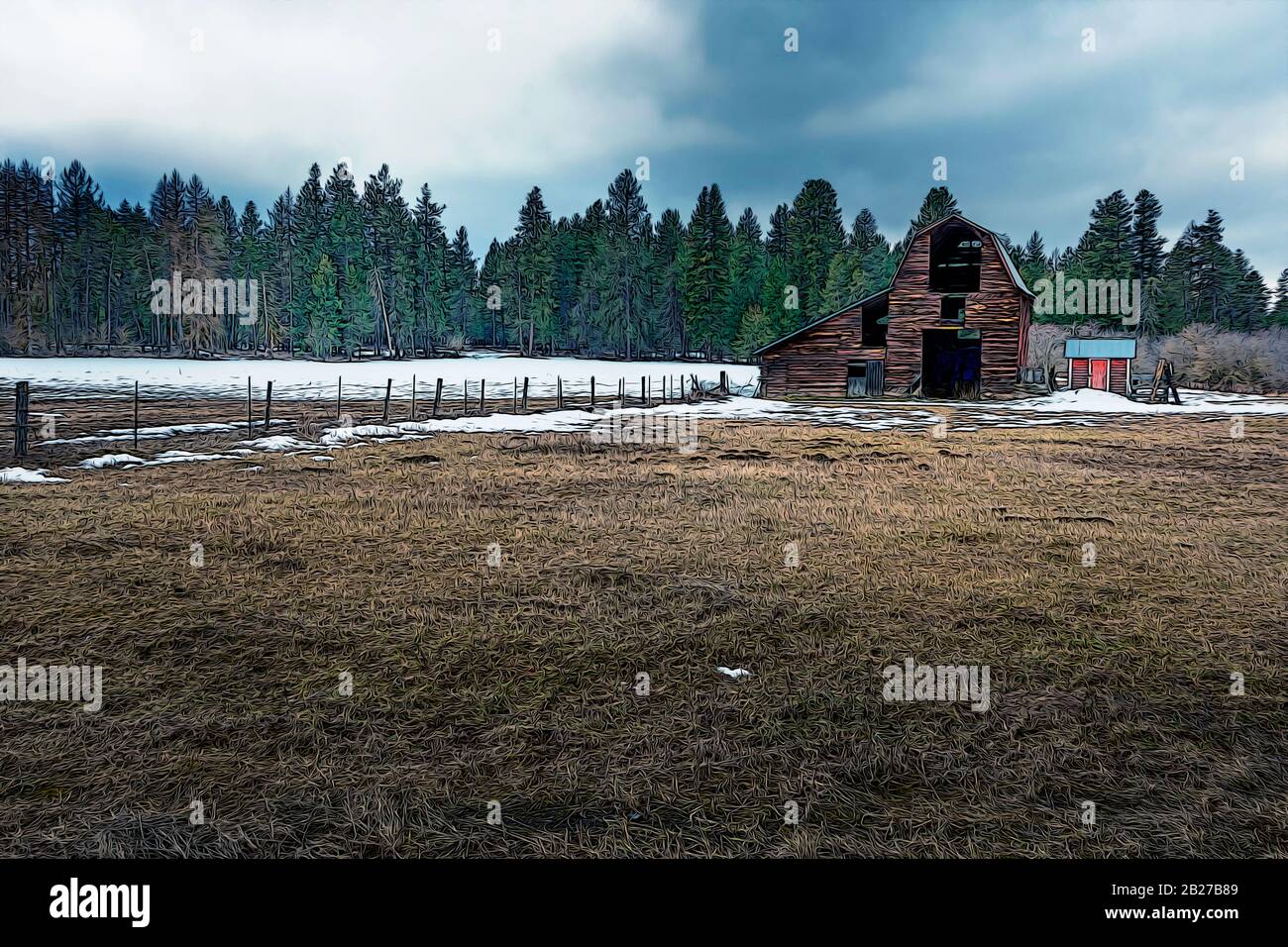 Illustration of Wood barn in a snow field along the barbed wire fence ...