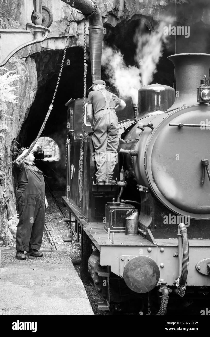 Two man work in the locomotion at Haverthwaite railway station, Lake District, UK Stock Photo