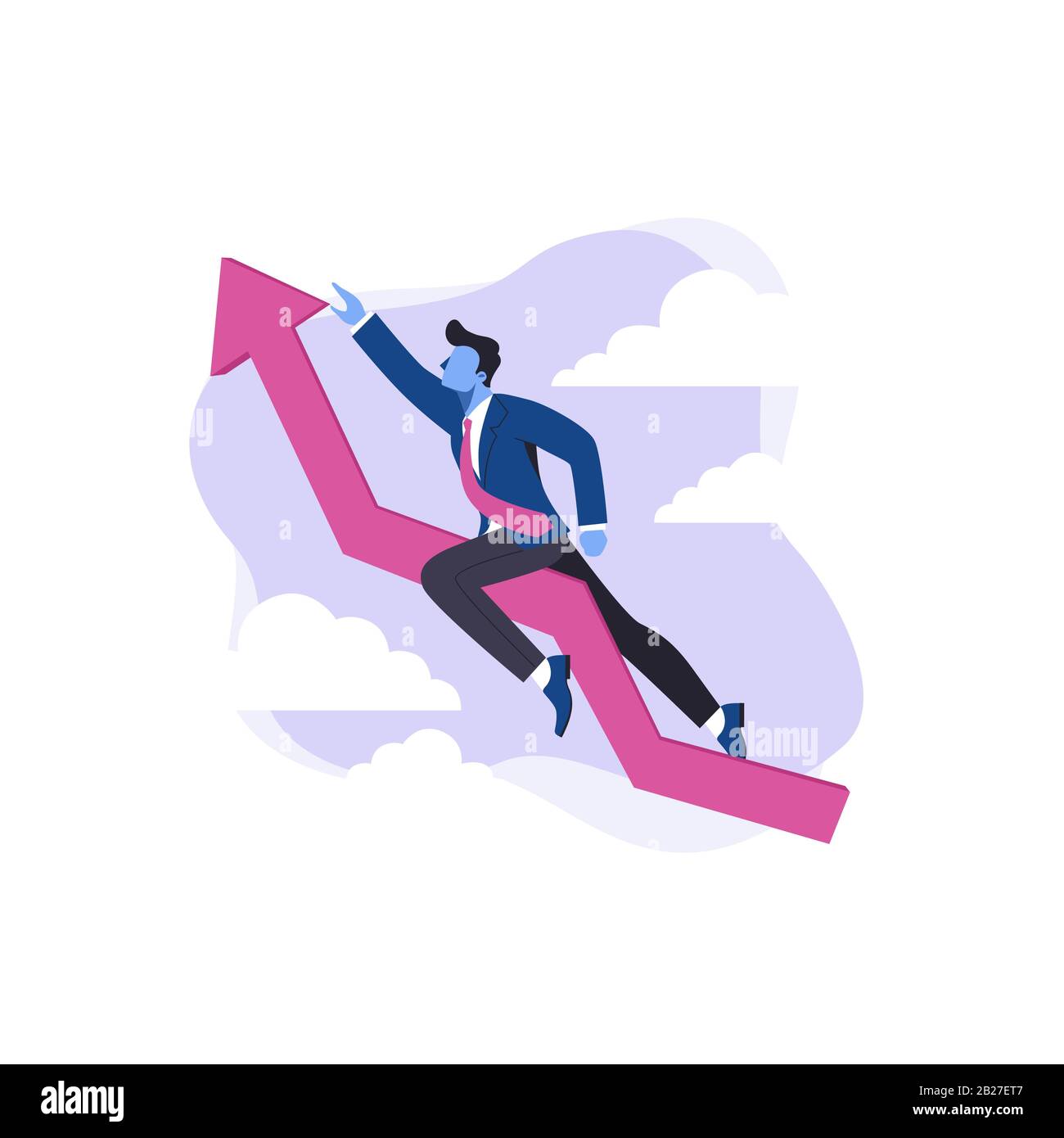 Male character flying high on arrow business boost concept vector flat illustration Stock Vector