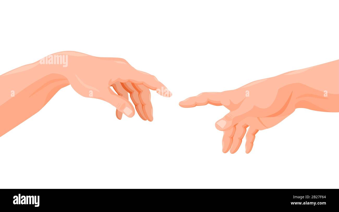 Adam and God touching hands fingers vector graphic cartoon illustration