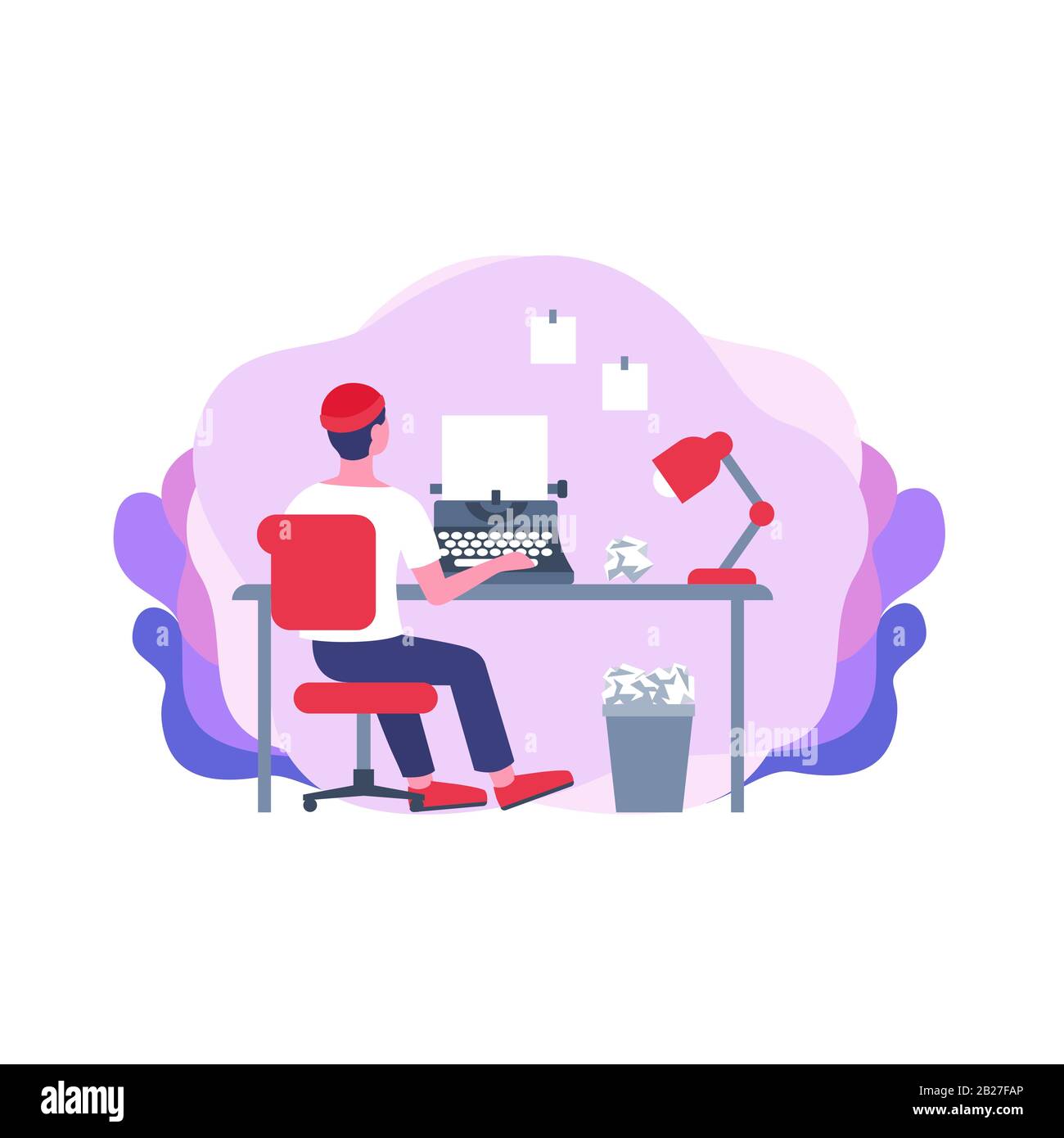 Back view cartoon male ghostwriter working sitting on table typing on paper using typewriter Stock Vector