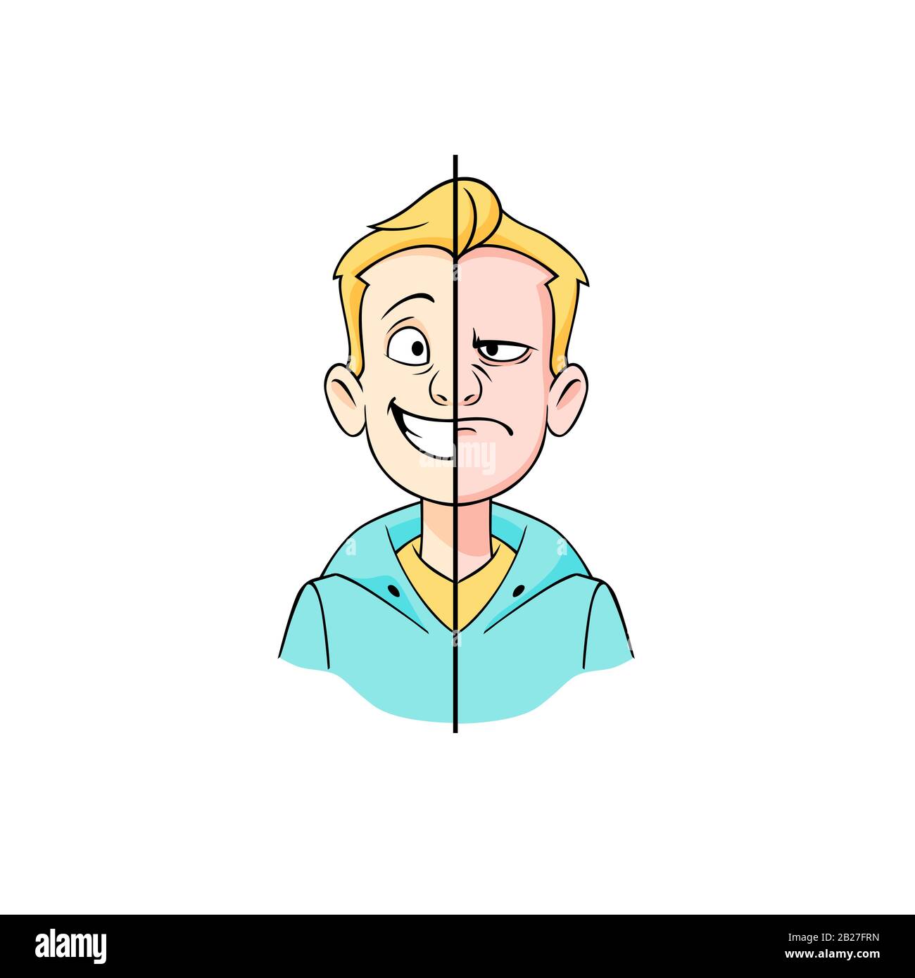 Cartoon hipster young man with half of happy and angry face vector graphic illustration Stock Vector