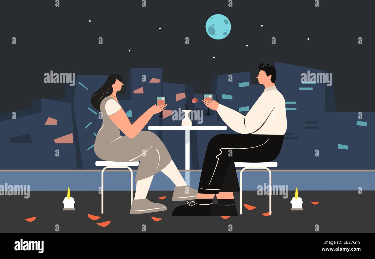 Couple enjoying romantic evening sitting on table drinking wine on roof vector flat illustration Stock Vector