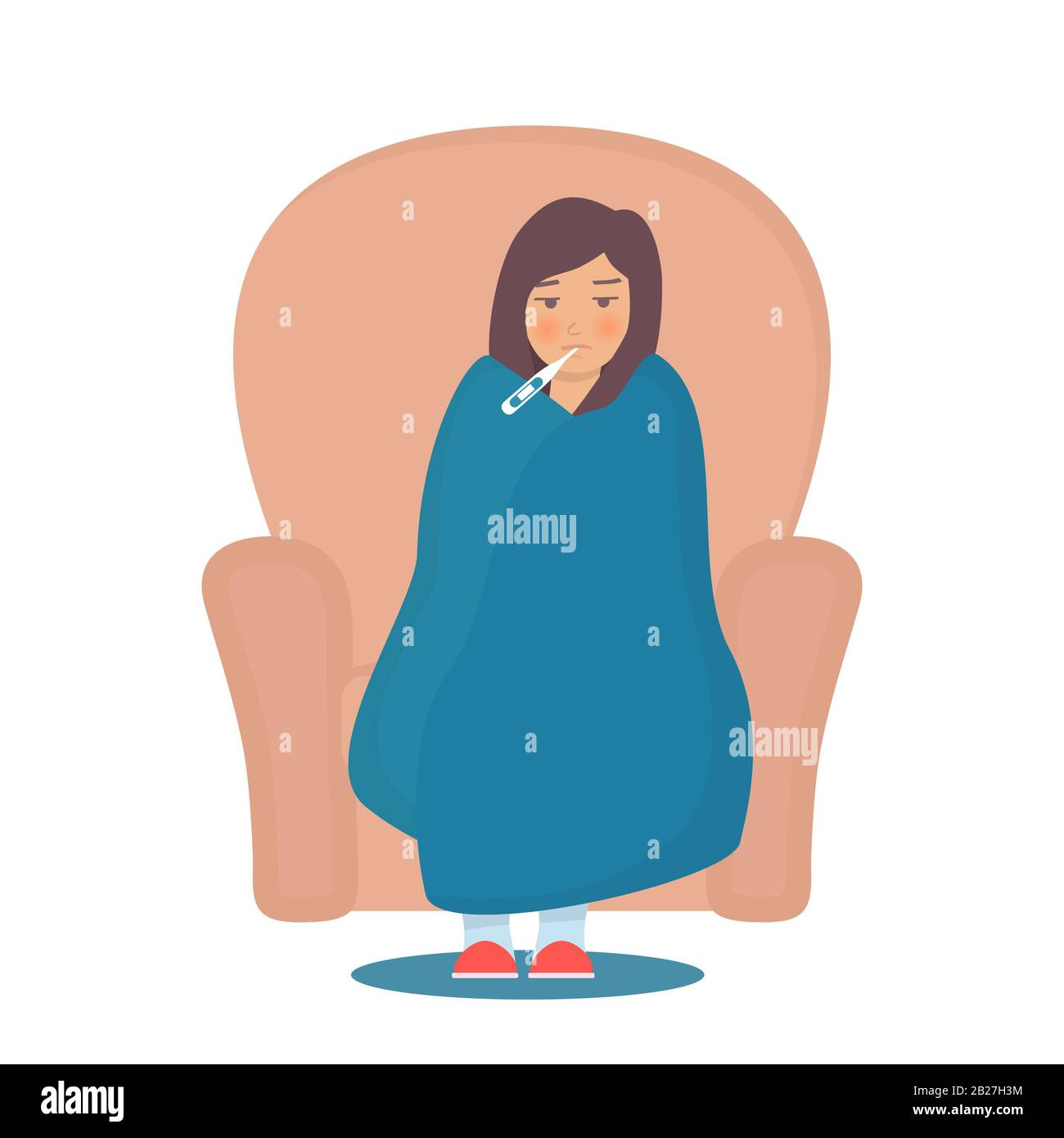 Sick woman sitting in a chair wrapped in blanket, with a thermometer in her mouth. Female character sick of seasonal flu. Epidemic, illness, disease, Stock Vector