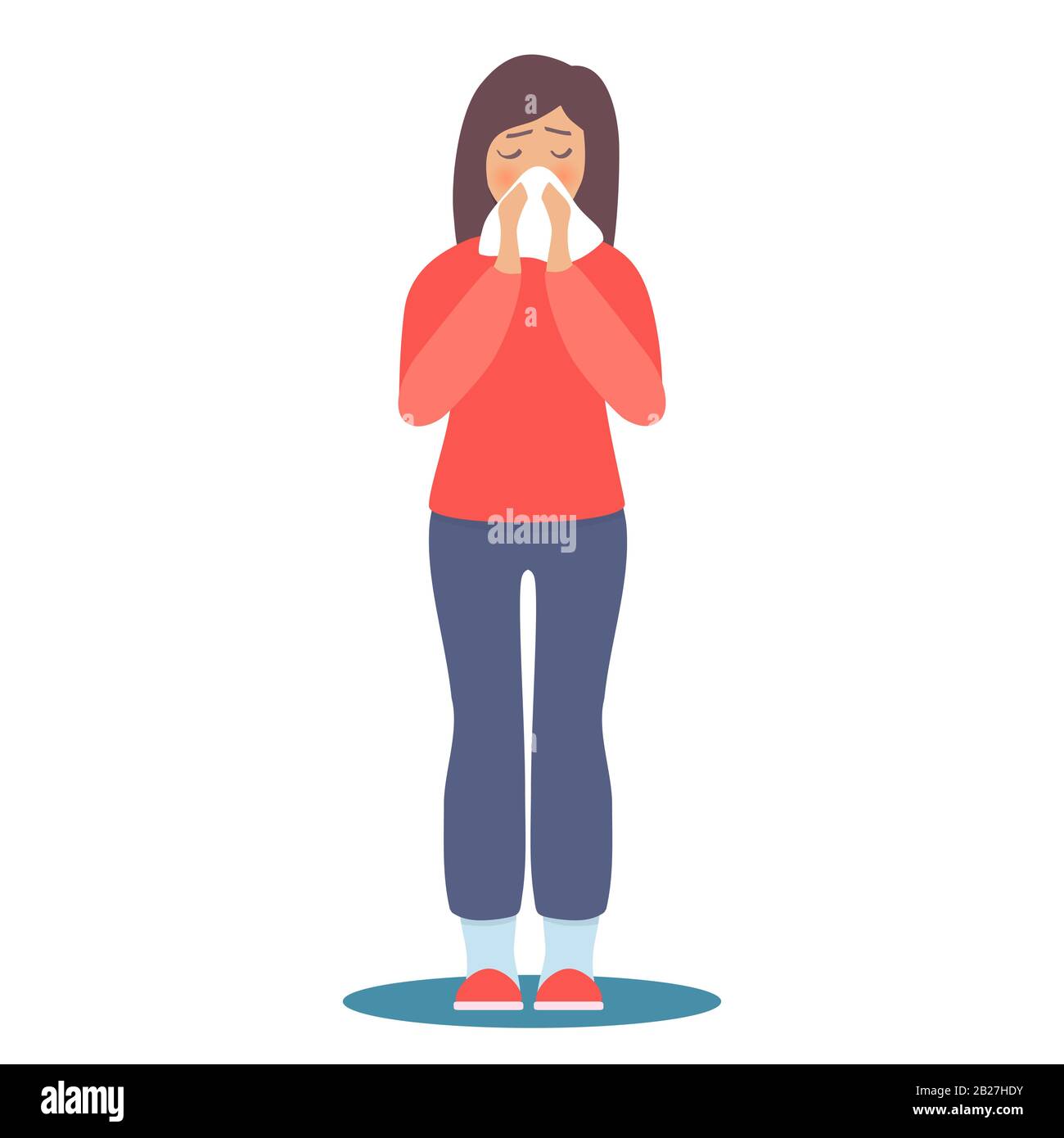 Girl with flu vector illustration. Flat female character sick of seasonal flu. Woman with blows her nose in handkerchief. Epidemic, illness, disease, Stock Vector