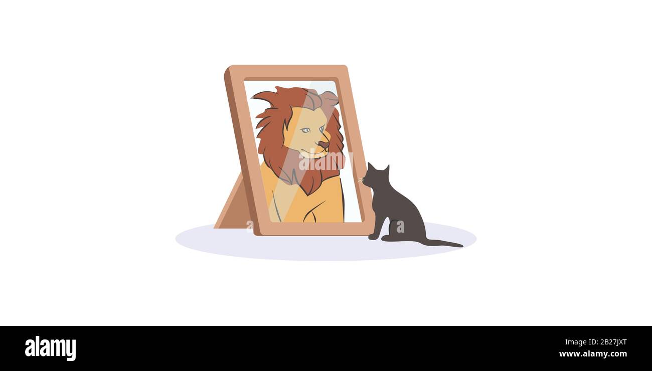 Small black cat looking herself at mirror as huge fierce lion vector graphic illustration Stock Vector