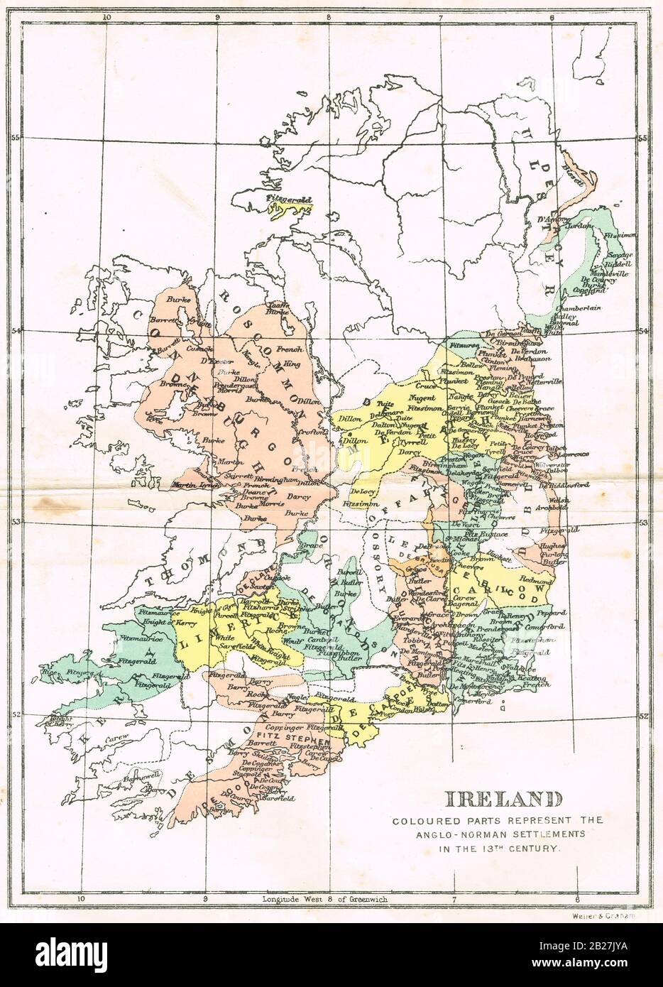 Map of Ireland,at the period of Anglo Norman setllements, 13th century Stock Photo