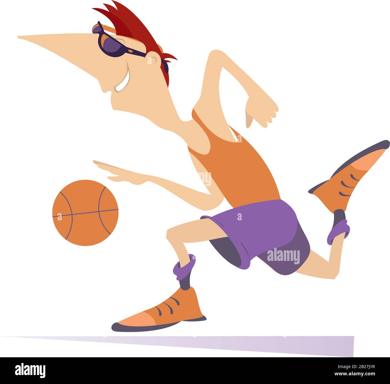 Man plays basketball isolated illustration. Running cartoon man basketball player with a basketball isolated on white Stock Vector