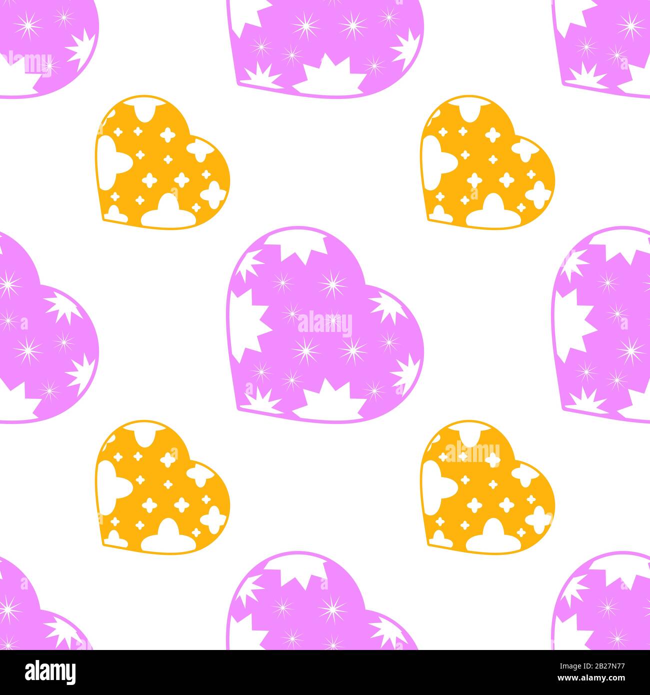 Colorful seamless pattern of cute pink and yellow hearts on a white background. Simple flat vector illustration. For the design of paper wallpaper, fa Stock Vector