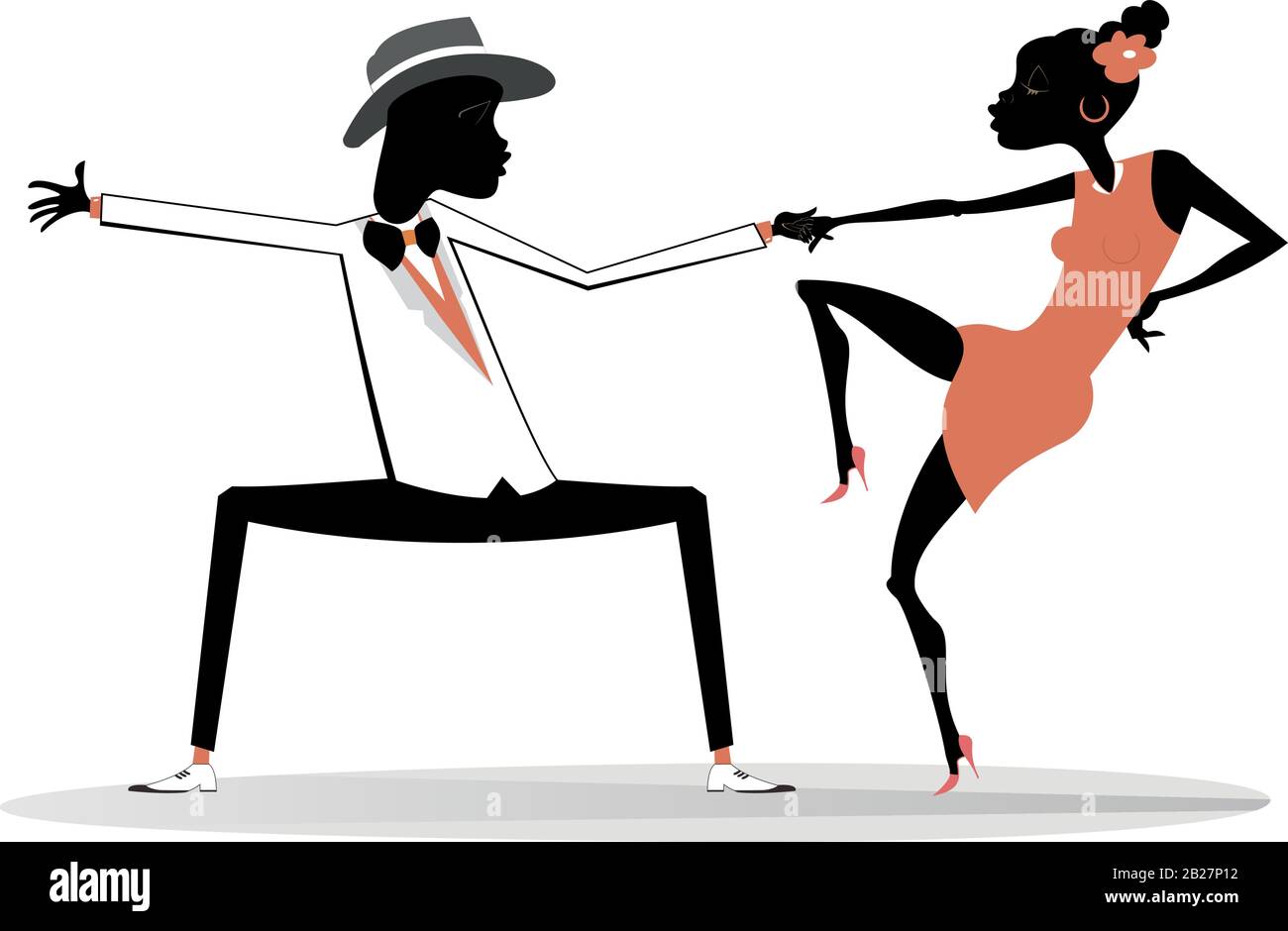 Romantic dancing young African couple isolated illustration. Funny dancing young African man and woman isolated on white illustration Stock Vector