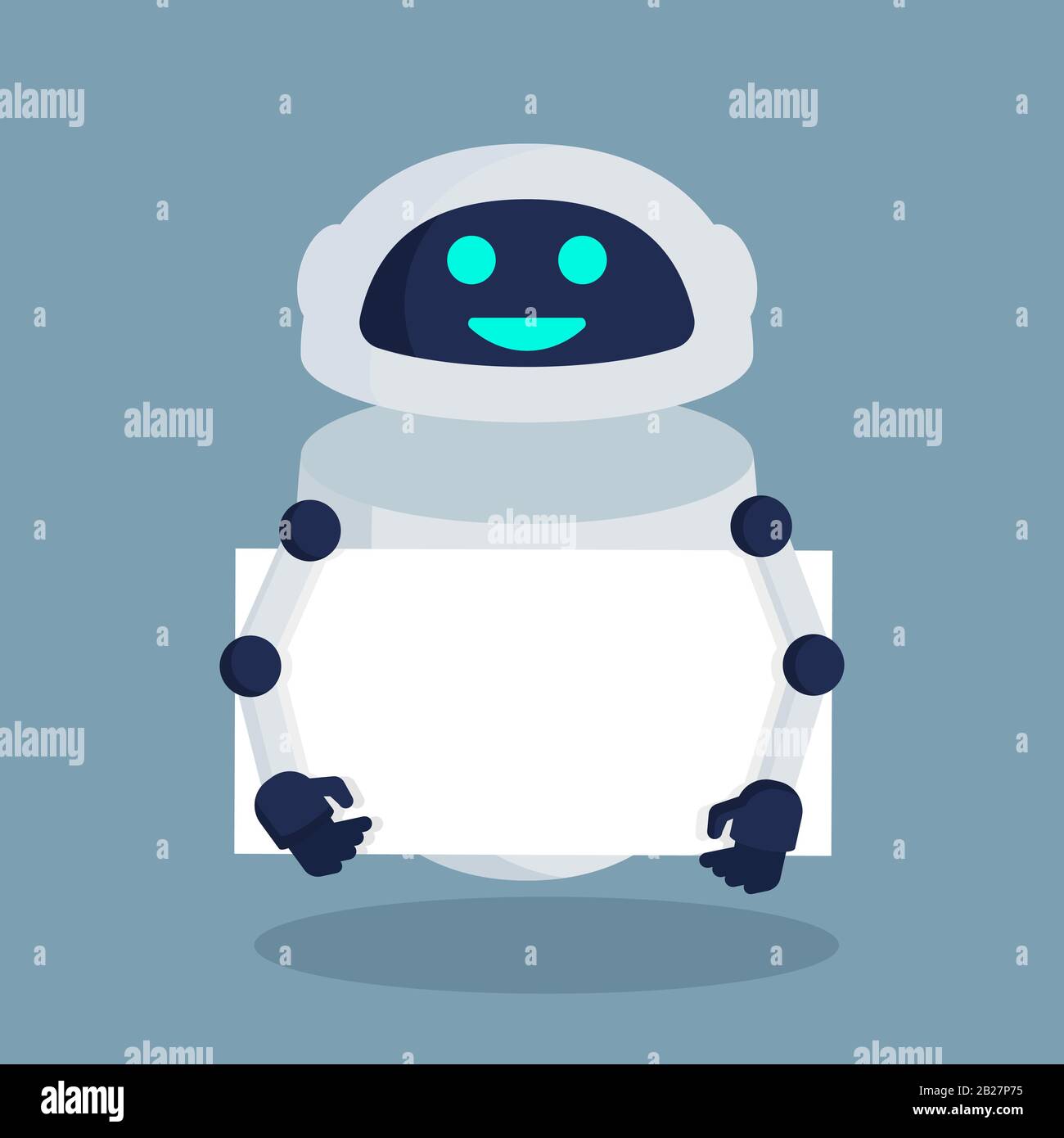 Smiling robot with signboard. Vector flat icon Stock Vector