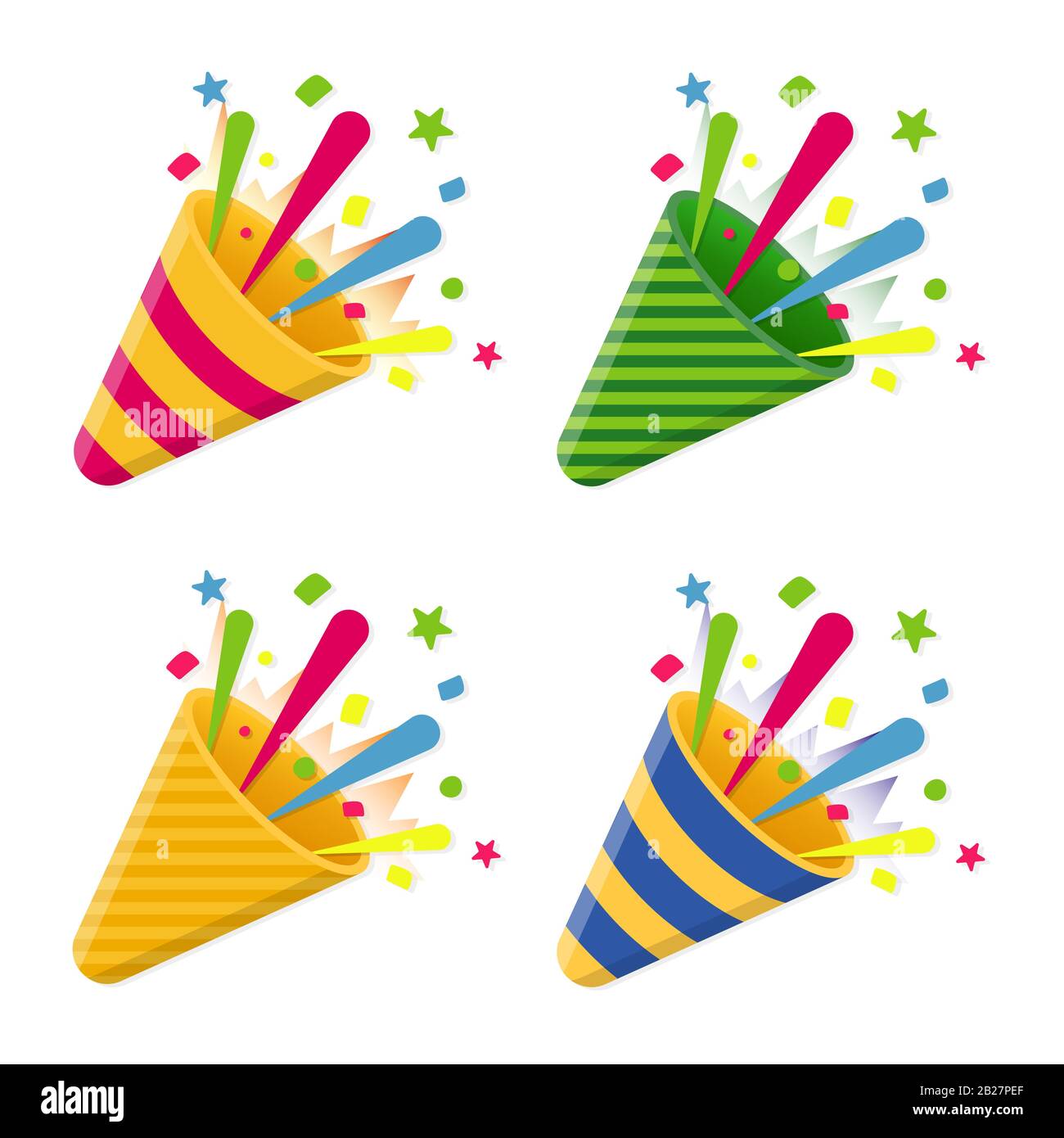 Celebrate party poppers with confetti, for festive congratulations and evening parties. Vector illustration Stock Vector