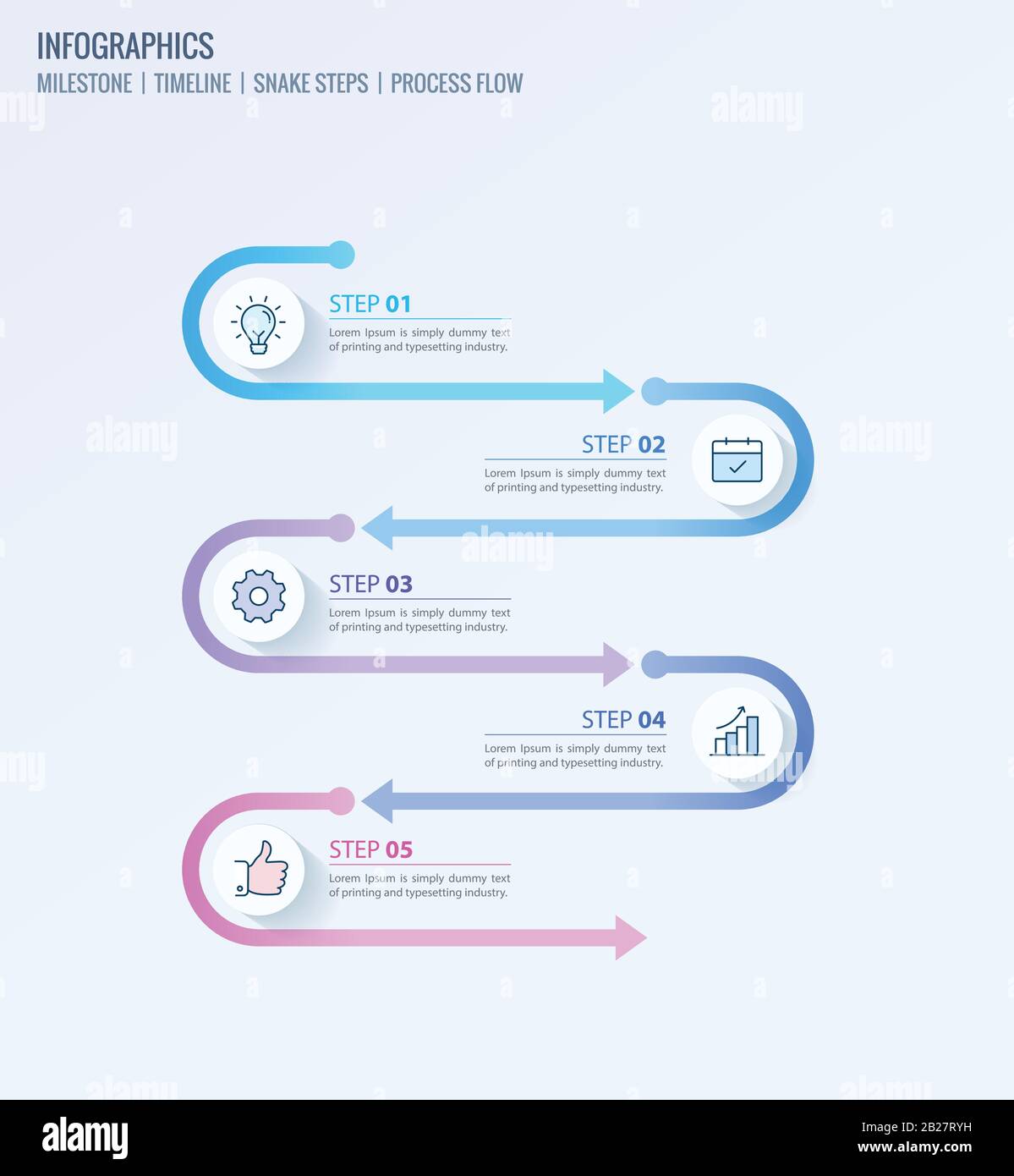 Milestone Infographics, Timeline Infographics, Process flow infographic, Snake steps template for business presentations Stock Vector