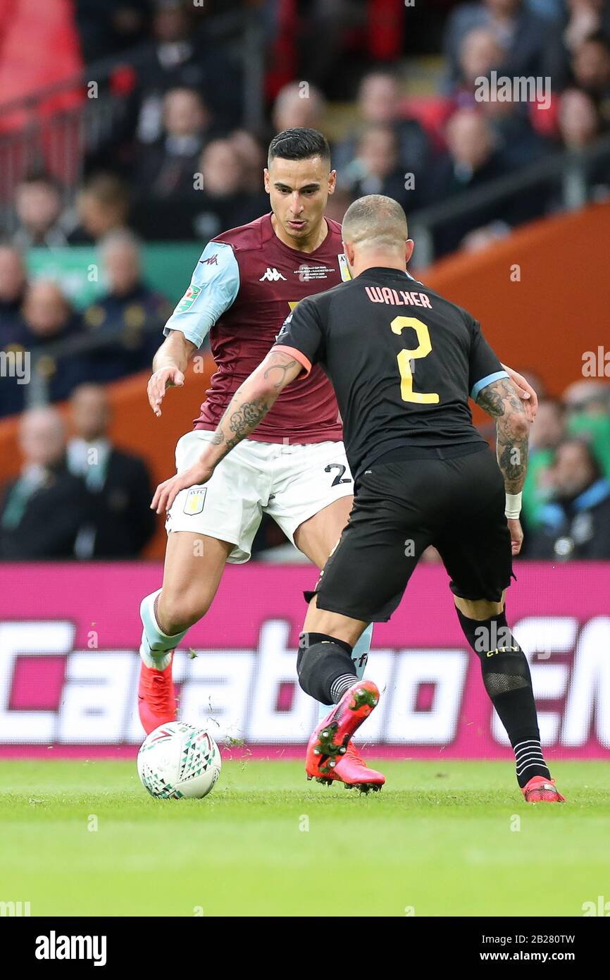 London, UK. 1st March 2020.  Anwar El Ghazi (21) of Aston Villa battles with Kyle Walker (2) of Manchester City during the Carabao Cup Final between Aston Villa and Manchester City at Wembley Stadium, London on Sunday 1st March 2020. (Credit: Jon Bromley | MI News) Photograph may only be used for newspaper and/or magazine editorial purposes, license required for commercial use Credit: MI News & Sport /Alamy Live News Stock Photo
