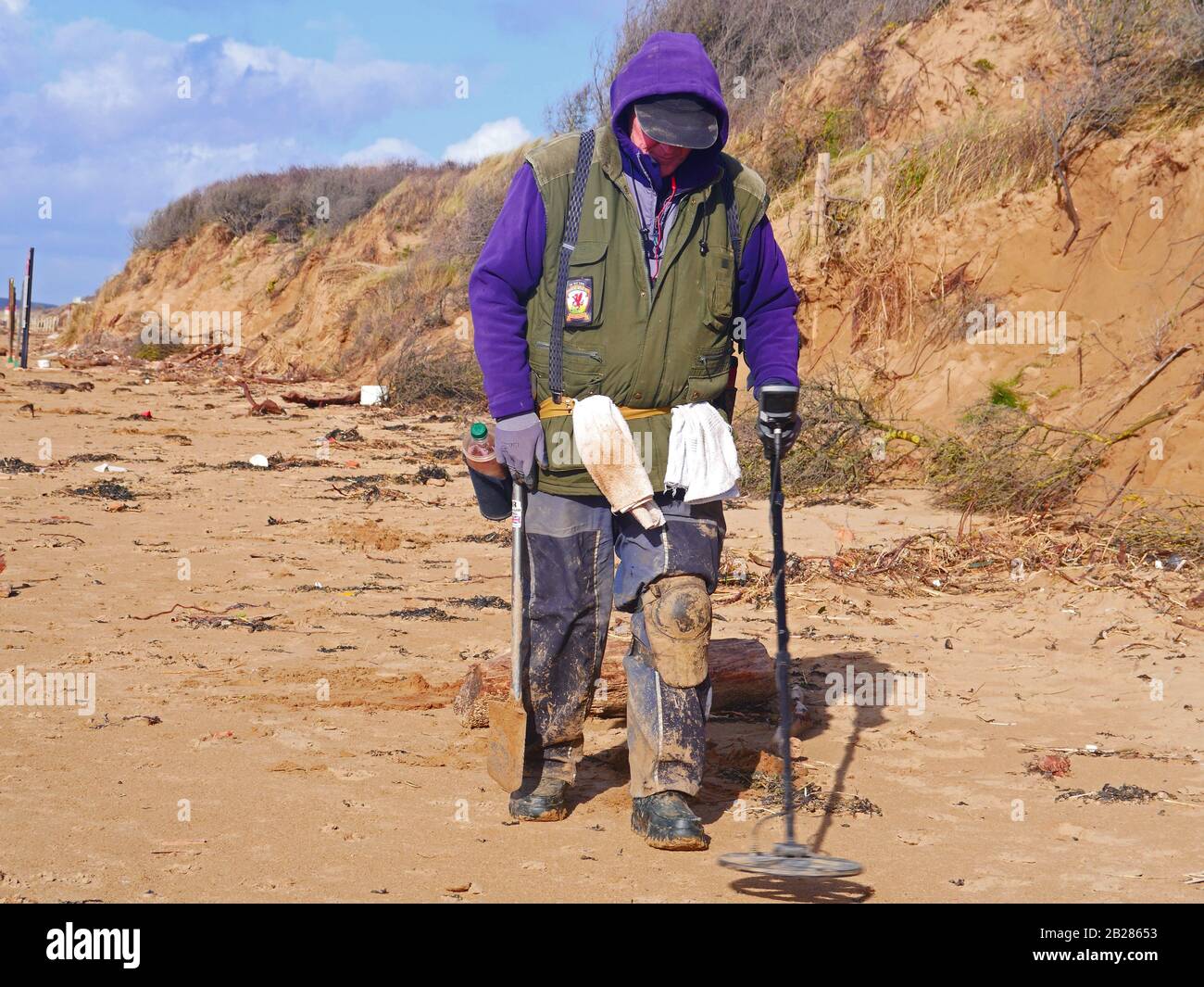 Metal detecting on Somerset beach, UK, Stock Photo