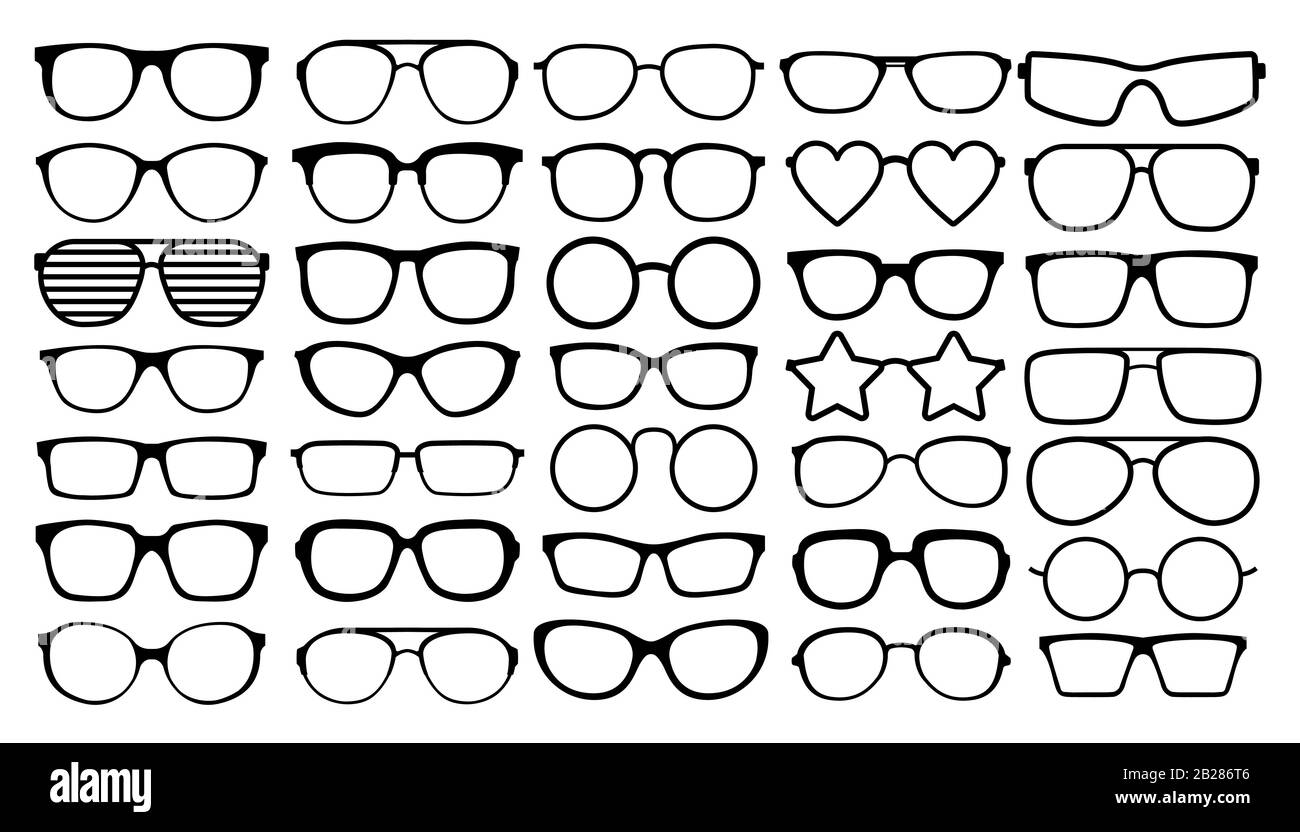 Many types of glasses. Fashion collection set glasses isolated. Vector
