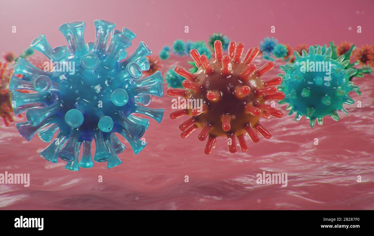 3D illustration Coronavirus concept under the microscope. Spread of the virus within the human. Epidemic, pandemic affecting the respiratory tract Stock Photo