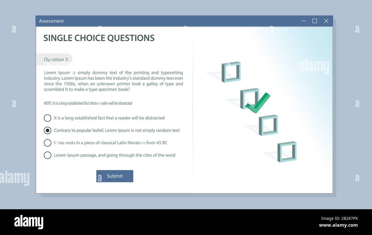 Quiz, Exam, Assessment, Knowledge Check, Question mark, Laptop, Objective question, Survey form, Online test, Customers reviews Stock Vector
