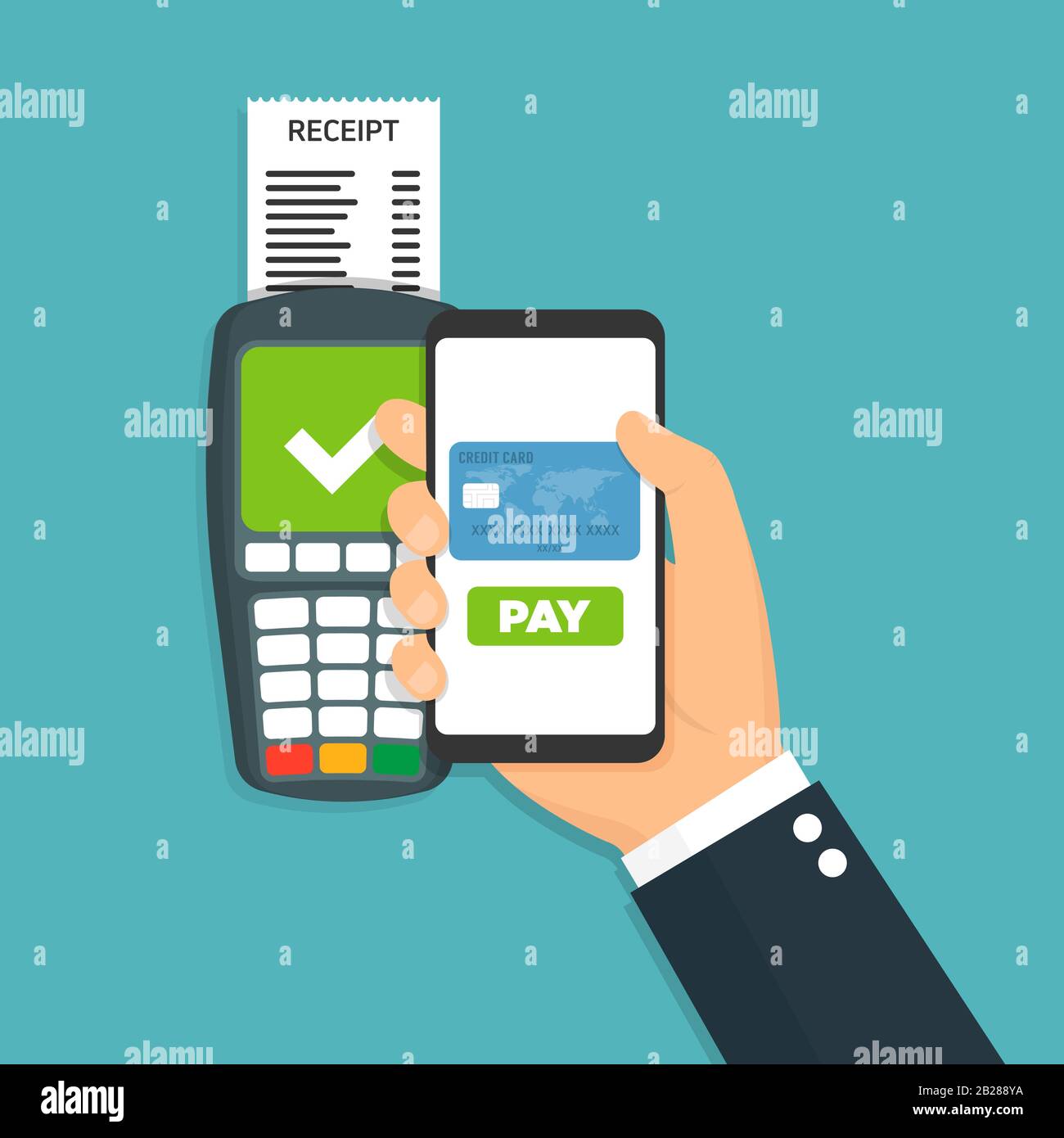 Pos terminal confirms the payment by smartphone Vector illustration
