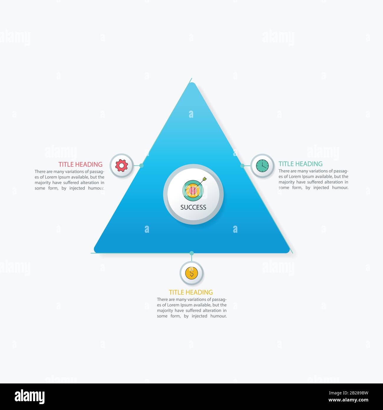 Triangular three step process, multicolor infographics template for corporate business presentations Stock Vector