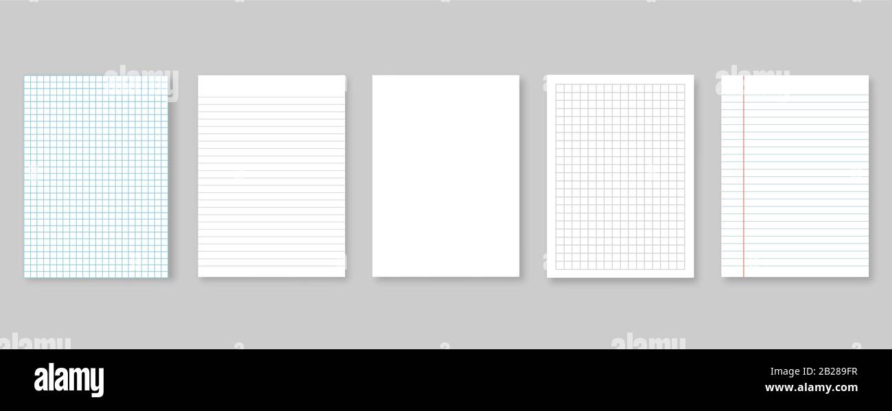 Set of vector illustrations sheets paper. Lined and square, on gray background Stock Vector