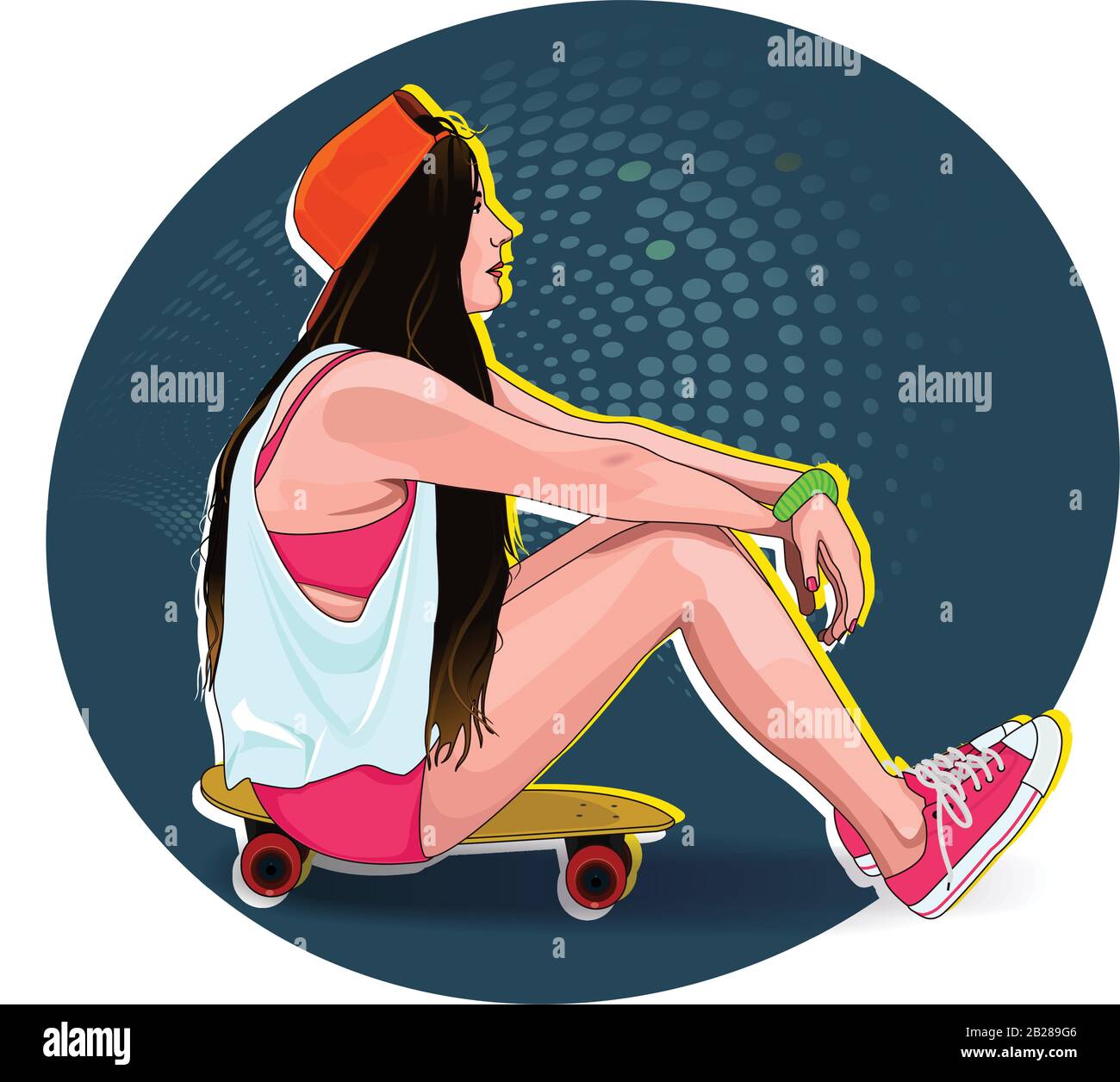 Skateboard, young teenager hipster girl with skateboard, tshirt print