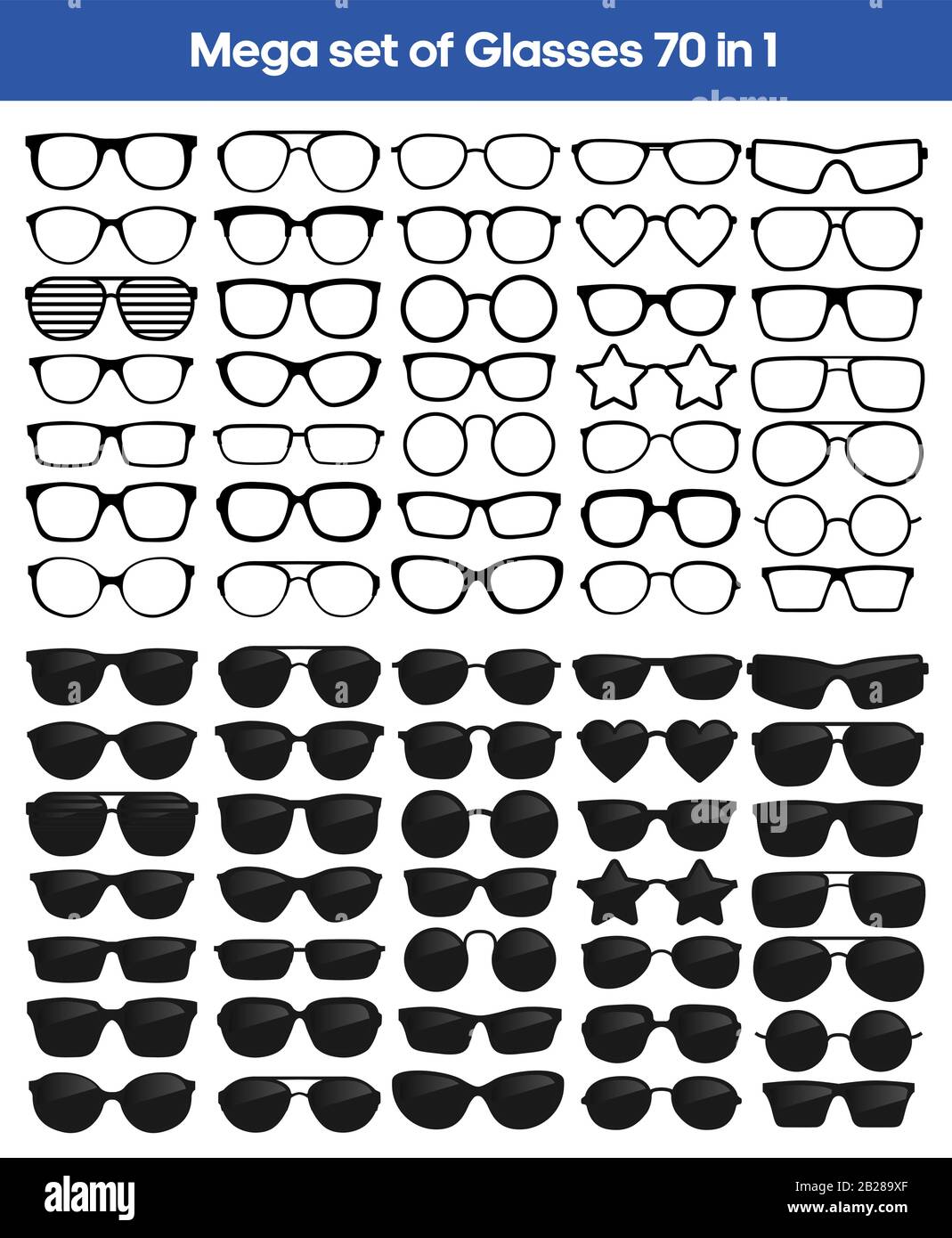 Many types of glasses. Fashion collection set glasses isolated. Vector illustration. Glasses