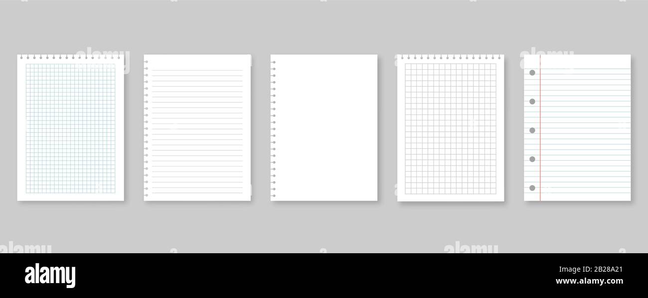 Set of vector illustrations sheets paper. Lined and square, on gray background Stock Vector