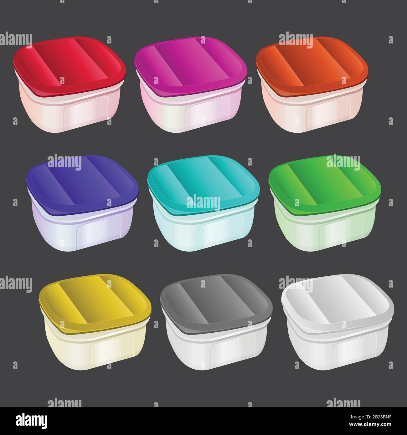 plastic container, Tiffin box, mug, jug, red, yellow, blue, green, utensil tumbler volume liter Stock Vector