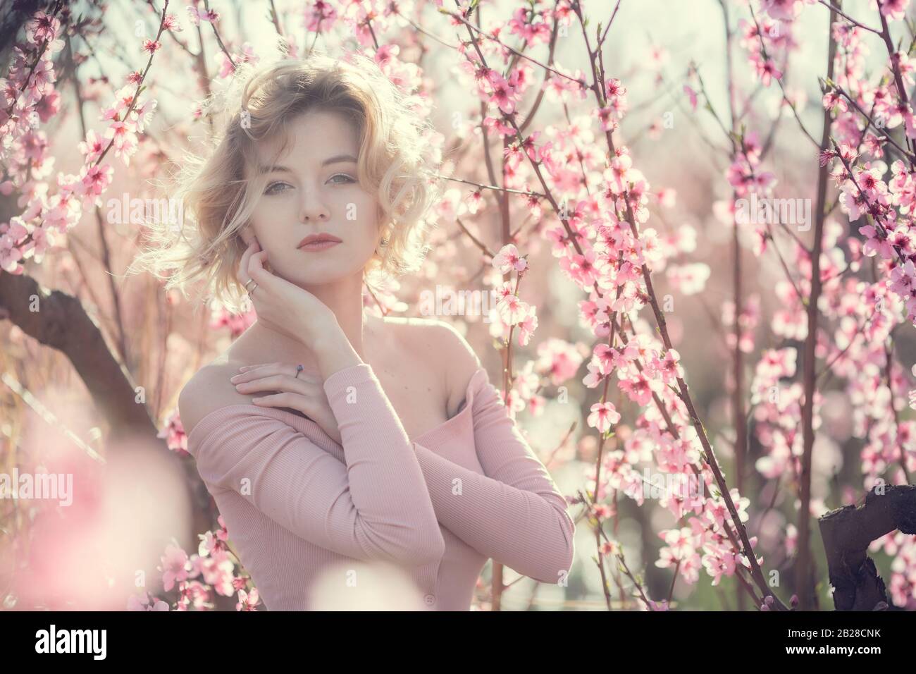 fashion outdoor photo of gorgeous young woman in elegant dress posing in garden with blossom peach trees. Blonde in flowering gardens Stock Photo
