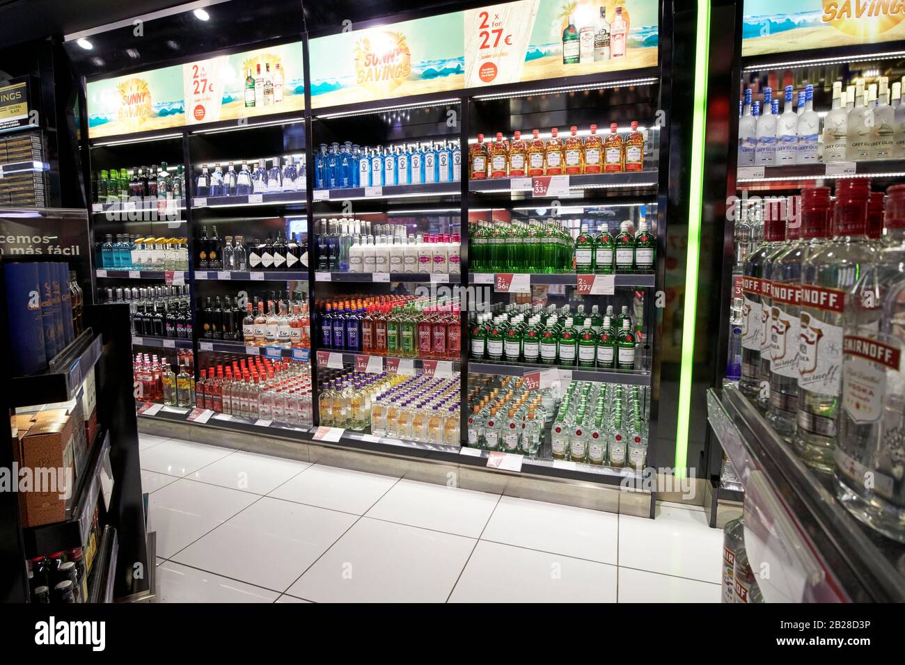 bottles of alcohol for sale at duty free shopping in terminal t1 arricife cesar manrique-Lanzarote airport canary islands spain Stock Photo
