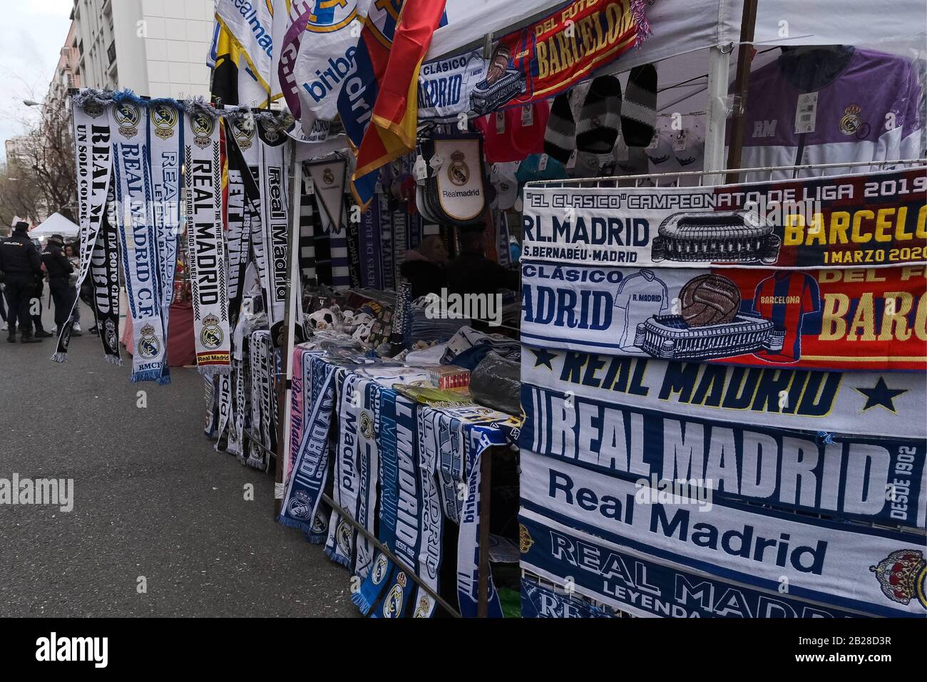 Madrid, Spain. 01st Mar, 2020. Pre-match environment General view of fans  holding up a scarf outside the stadium before the match during Soccer  Football - La Liga Santander - Real Madrid v