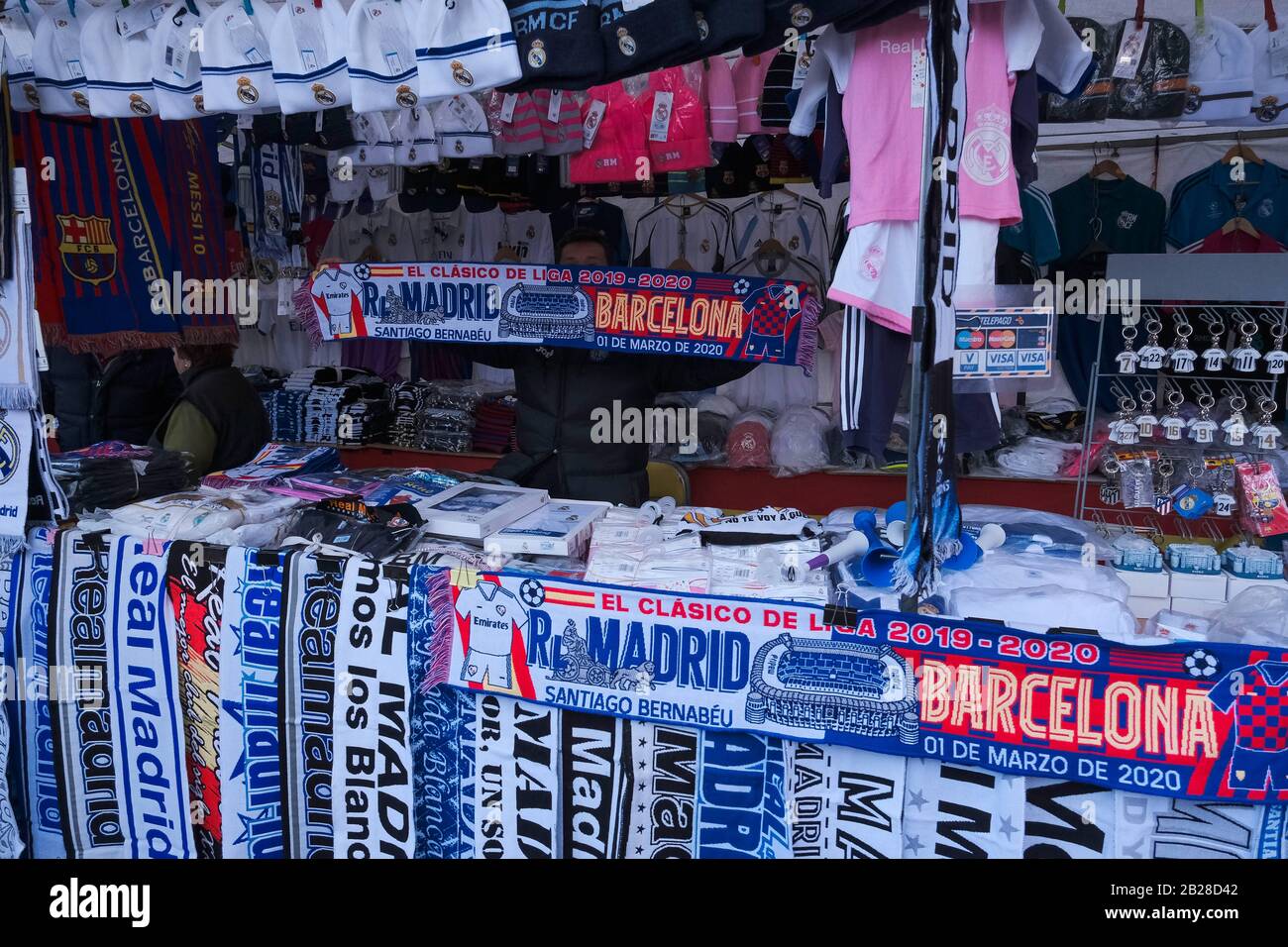 Madrid, Spain. 01st Mar, 2020. General view of fans holding up a scarf outside the stadium before the match during Soccer Football - La Liga Santander - Real Madrid v FC Barcelona - Santiago Bernabeu, Madrid, Spain - March 1, 2020 Credit: CORDON PRESS/Alamy Live News Stock Photo