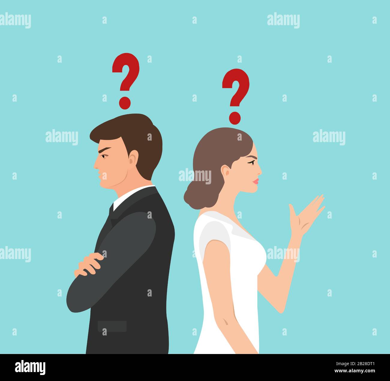 Vector of an angry couple standing back to back have many problems and questions in their relationship Stock Vector