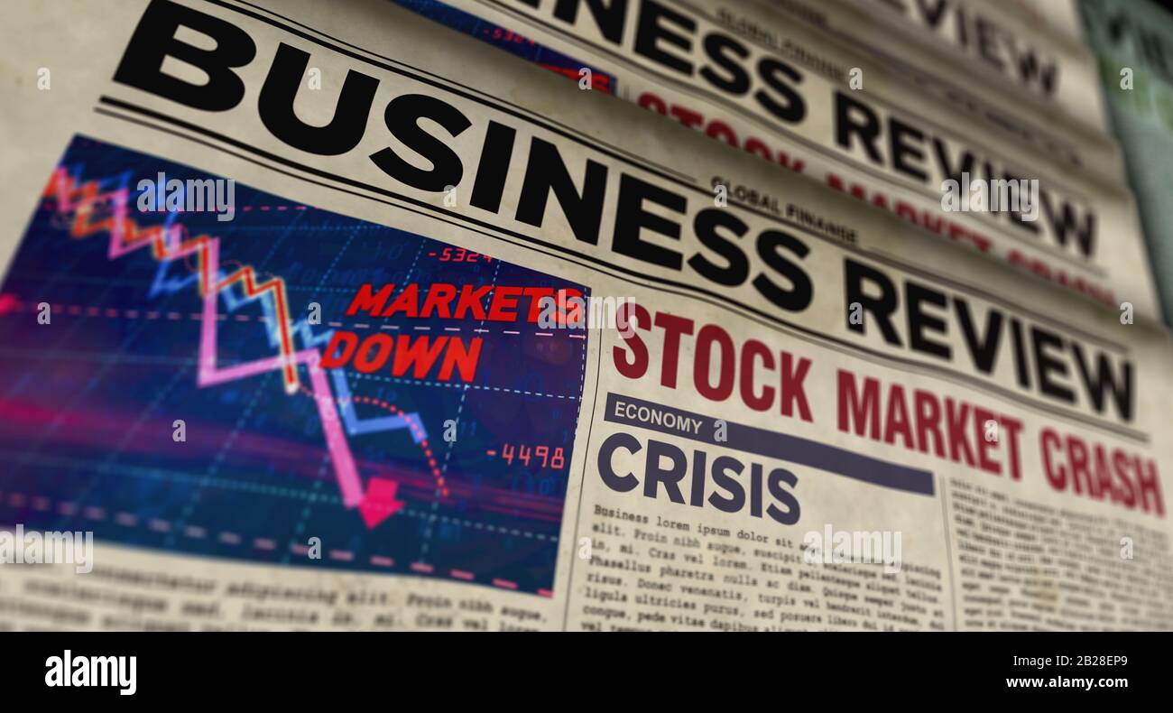Business review newspapers with market crash printing and disseminating 3d illustration. Economy, crisis, stock, market collapse and financial panic r Stock Photo