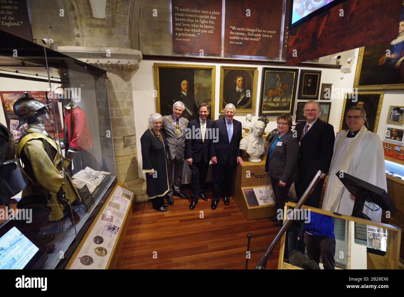 The Cromwell Museum in Huntingdon officially reopens tothe public on Sunday 1 March 2020 after an extensive refurbishment. A grand opening ceremony was  held at the Museum, with a march past by members of the Sealed Knot Society, before the official opening by the Patron of the Cromwell Museum Trust, the Rt. Hon Sir John Major KG CH. Thanks to grants totalling £160,000 an exciting new display has been created highlighting the Museum’s internationally important collections, to tell the story of Oliver Cromwell in a more engaging way. Stock Photo