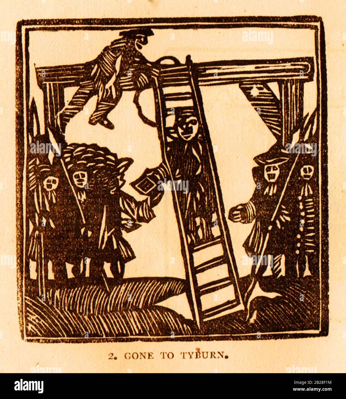 An old woodcut showing men preparing the gallows at Tyburn in the 1700's. The infamous gallows were situated at a crossroad in what was then the village of Tyburn in the parish of Marylebone, but is now a part of London near Marble Arch.. All hangings were viewed by the public who knew the place colloquially as'The Tyburn Tree' or  'Gods Tribunal' . Oxford Street was previously Tyburn Road (in the mid 1700s) and Edgware Road and Park Lane was known as  Tyburn Lane. The 1st execution here was recorded in 1196 and the last in 1783 (on a new moveable gallows) Stock Photo