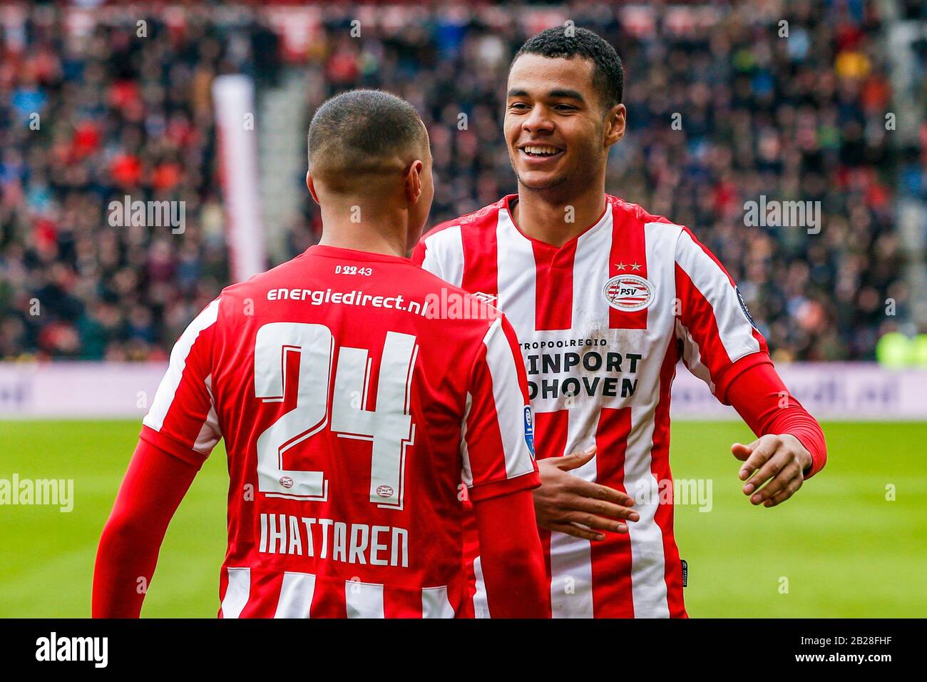 Eindhoven, Netherlands. 01st Mar, 2020. EINDHOVEN, 01-03-2020, Philips  Stadion. Dutch Eredivisie football season 2019/2020. PSV - Feyenoord. PSV  midfielder Mohamed Ihattaren (L) and PSV player Cody Gakpo (R) celebrating  their 1-1 during