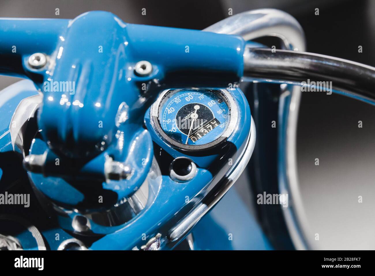 St.Petersburg, Russia - April 3, 2019: Ducati cruiser 175, Jaeger speedometer of vintage blue scooter Stock Photo