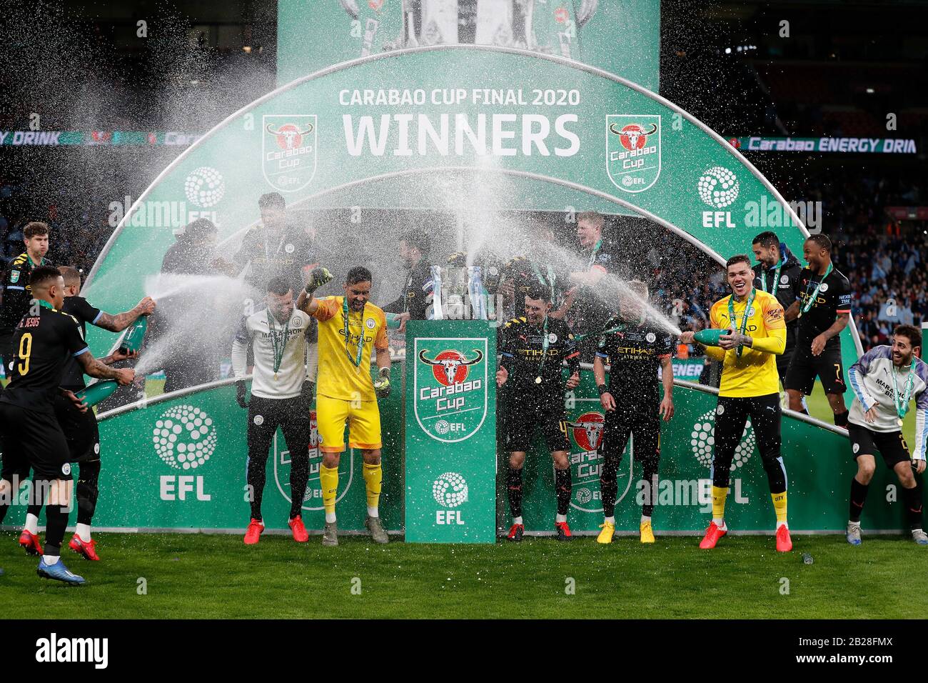 Wembley Stadium London UK. 1st Mar 2020. Carabao Cup Final League Cup Aston Villa versus Manchester City Manchester City players celebrate their win with the EFL Cup Credit Action Plus Sports Alamy Li...