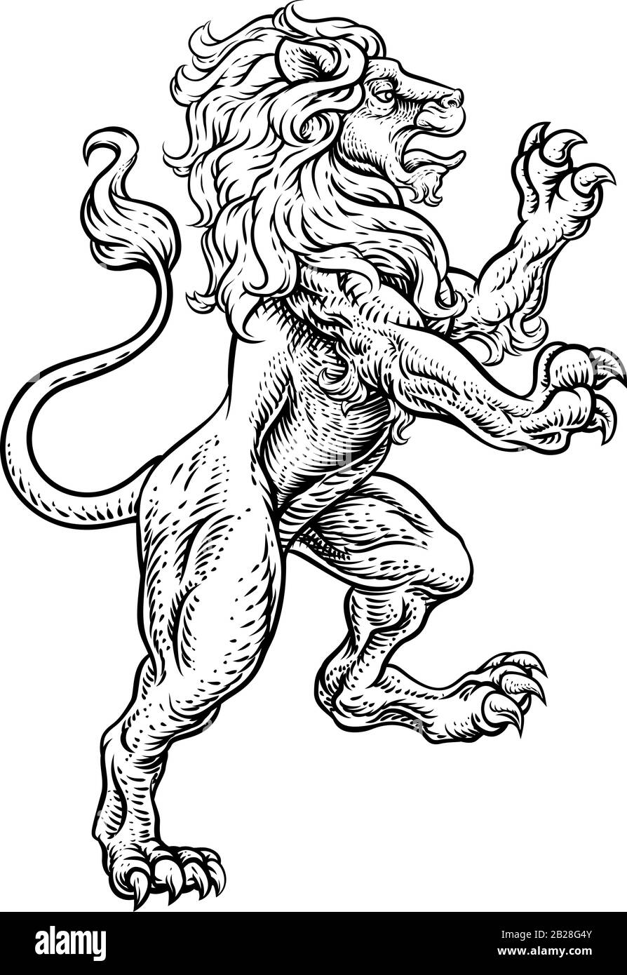 Lion Rearing Rampant Coat of Arms Heraldic Animal Stock Vector
